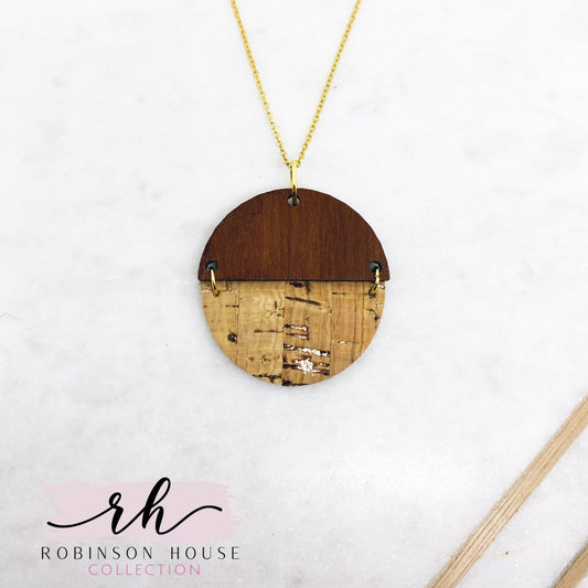 Hinged Disc Wood Necklace - Natural and Rose Gold Cork