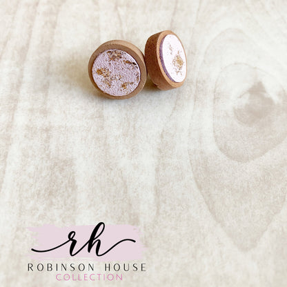 Stud Wood Earrings - Rose Gold Leather