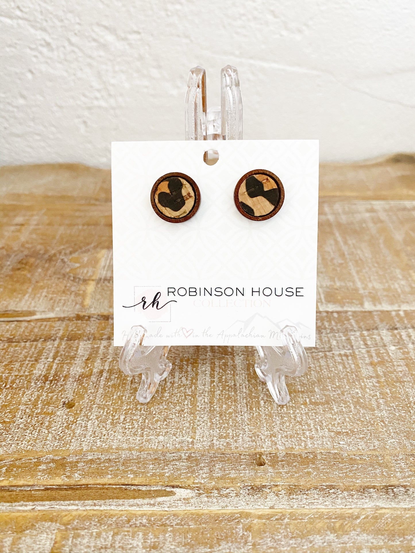 Stud Wood Earrings - Leopard Cork