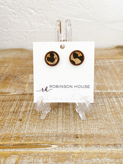 Stud Wood Earrings - Leopard Cork