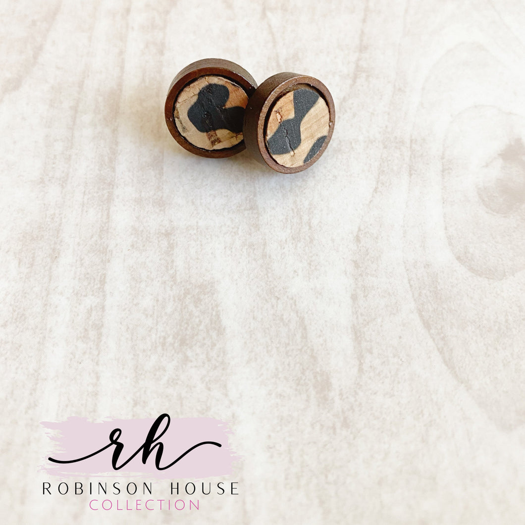 Stud Wood Earrings - Leopard Cork