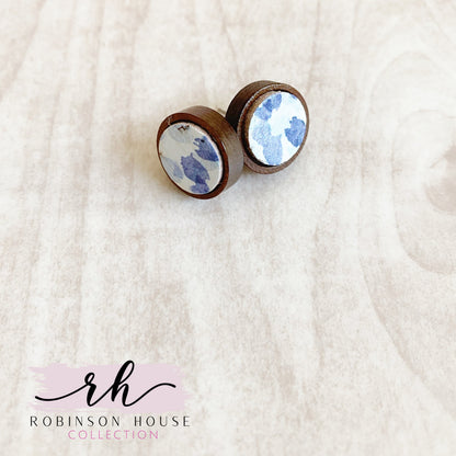 Stud Wood Earrings - Blue Artsy Cork