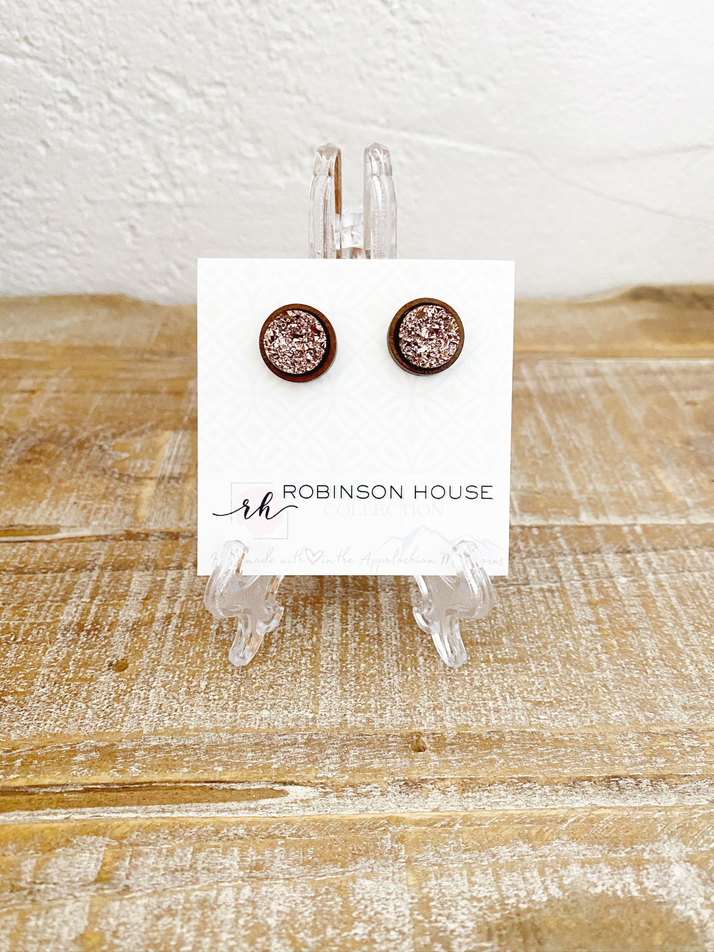 Stud Wood Earrings - Champagne Druzy