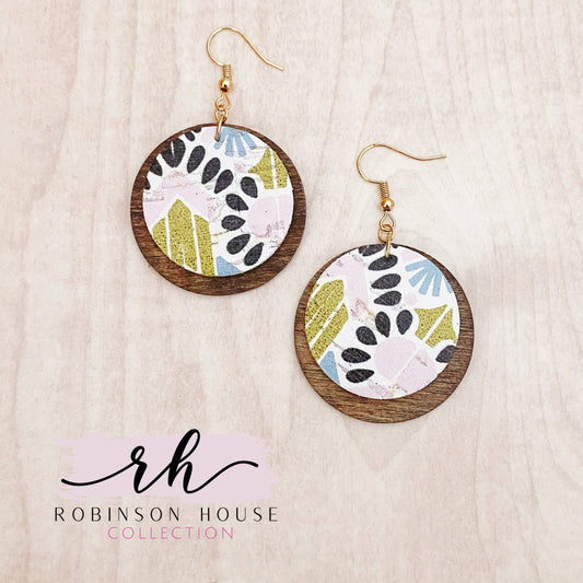 Disc Wood Earrings - Blue & Pink Aztec Cork