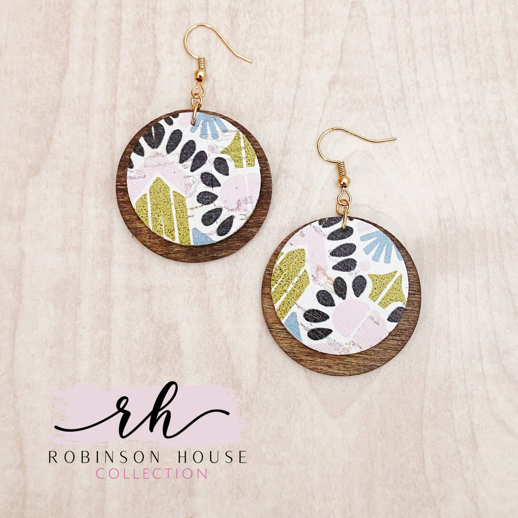 Disc Wood Earrings - Blue & Pink Aztec Cork