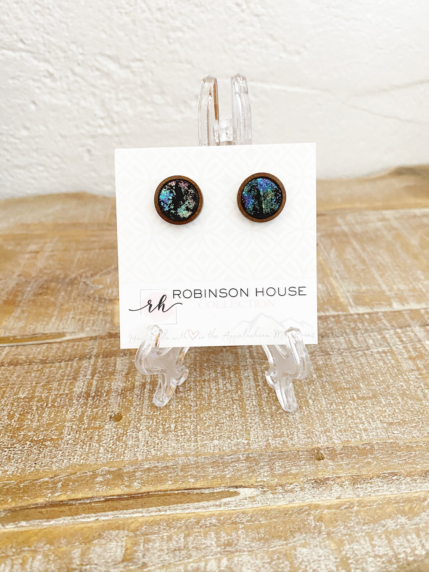Stud Wood Earrings - Galaxy Black Leather