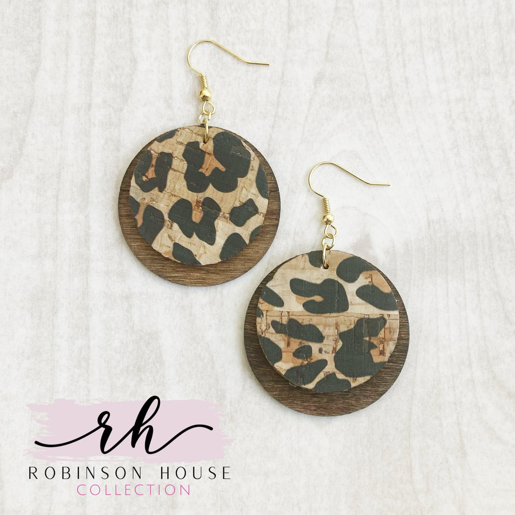 Disc Wood Earrings - Leopard Cork