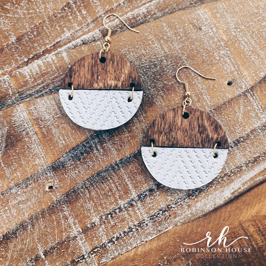 Hinged Disc Wood Earring - White Chevron Genuine Leather