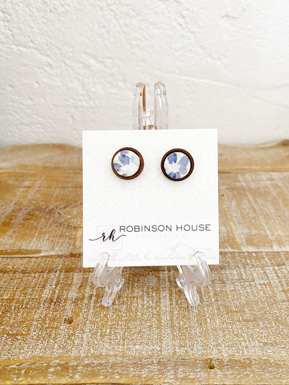 Stud Wood Earrings - Blue Artsy Cork